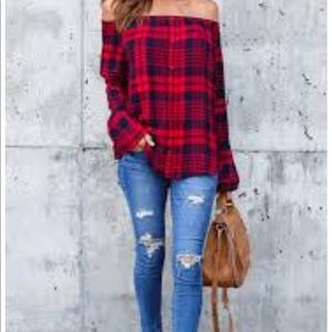 Plaid off the shoulder shirt
